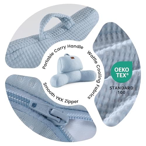 Amélie Home Premium Cooling Waffle Reading Pillow, Qmax>0.37 Ergonomic Backrest Support with Pocket & Handle, Breathable Lounging Pillow for Bed Sofa Floor Summer, 17 Inches, Sky Blue - Thumbnail 6