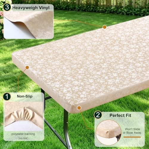 Smiry Rectangle Picnic Table Cloth, Elastic Waterproof Fitted Heavy Duty Vinyl Tablecloths, Wipeable Washable Table Covers for Kitchen, Dining, Camping, Outdoor (Beige, 30" X 72") - Thumbnail 3