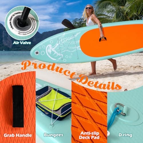 DAKUWAR Paddle Board 10'6''x33''x6'' Inflatable Stand Up Paddle Boards with SUP Accessories Ultra-Light Paddleboard Non-Slip Comfort Deck for Adults & Youth of All Skill Levels (Green and Orange) - Thumbnail 4