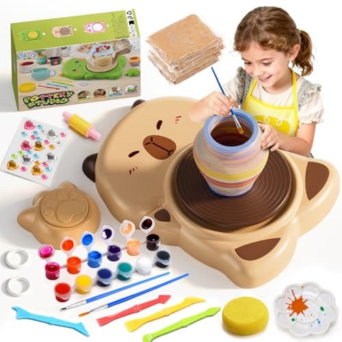 Skirfy Mini Pottery Wheel Machine Kit for Beginners Kids with Light,Electric Ceramic Wheel with Foot Pedal&Painting Kit, Adjustable Speed,Clay Spinner DIY Tools for Art Craft Birthday (Brown) - Image 1