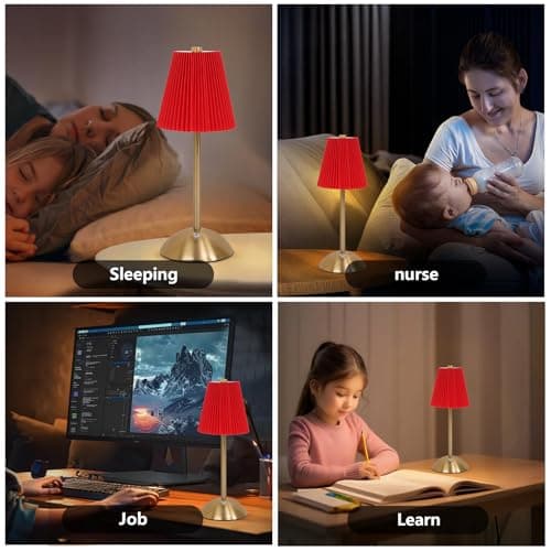 Red Table Lamps , Small Gold Table Lamp 12 Inch for Girl's Bedroom Cute Coquette Table Lamp with Fabric Shade Modern Decorative Bedside Light Small Princess Desk Lighting Boho Living Room (Red) - Thumbnail 3