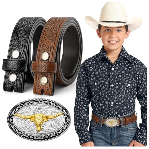 JKEEMI Kids Cowboy Cowgirl Belt, Western Genuine Embossed Leather Belt Bull Horse Eagle Buckle for Gift Daily Costumes - Image 1