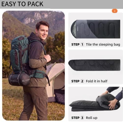 Sleeping Bags for Adults Warm Weather Backpacking Compact Lightweight Camping Sleeping Bag with Compression Sack for Kids Girls Camping Essentials Gear for Hiking Travel Climb Outdoor Indoor 3lb Black - Thumbnail 6