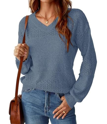 NORACORA Women's V Neck Fall Sweaters Crochet Soft Lightweight Ribbed Knit Loose Pullover Sweater Long Sleeve Tops 2025 Trendy Outfits Grey Blue - Thumbnail 6