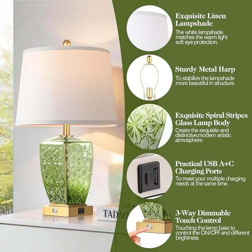 QiMH Glass Table Lamps for Living Room, Modern Bedside Lamps for Night Stands with USB A+C Ports, 3-Way Dimmable Touch Lamp for Bedroom Set of 2 with White Linen Shade Home Decor, Green - Thumbnail 3