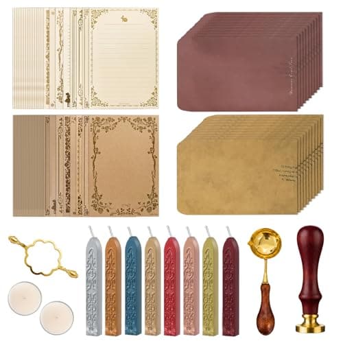 DaisuMonos 48 Pcs Vintage Paper Wax Seal Stamp Kit Set Aniversary Wedding Party Invitation Love Letter, Retro 48 Pcs Letters,15 Envelopes, 8 Wax Sticks, Tree of Life Stamp&Seal Mold 2 Tea Candles - Image 1