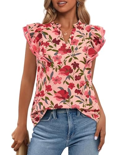 BTFBM Womens Tops Dressy Casual 2026 Spring Summer Shirts Boho Floral V Neck Ruffle Cap Sleeve Business Work Blouses(Floral Orange Pink Red, XX-Large) - Image 1