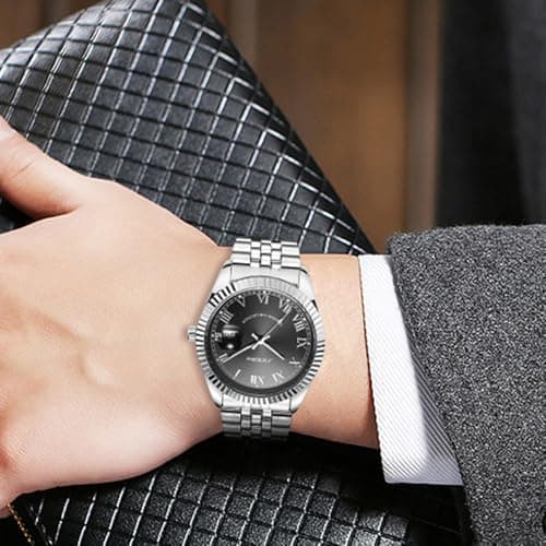 SINOBI Men's Luminous Hand Calendar Date Quartz Watch Classic Stainless Steel Watches for Men (Silver-Grey) - Thumbnail 2