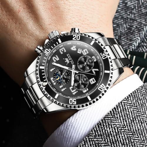 OLEVS Watch Men Luxury Black Face Silver Stainless Steel Dress Wrist Waterproof Quartz Analog Watches for Men Nice Fashion Chronograph Moon Phase Luminous Large Face Mens Watches Relojes para Hombres - Thumbnail 3