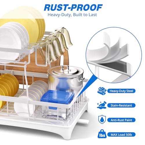 Godboat Dish Drying Rack, 2-Tier Dish Rack with Auto-Drain & Mat, Dish Racks for Kitchen Counter, Dish Drainer with Knife, Fork & Cup Rack, Gifts for Women, Mothers Day, Kitchen Gadgets, White - Thumbnail 4