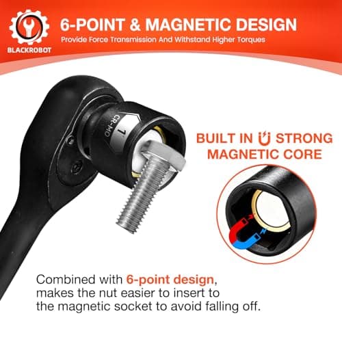 BLACKROBOT 1/2" Drive Magnetic Impact Socket Set, 10-Piece Shallow Socket Set with Storage Rail, SAE 3/8" to 1", 6-Point Magnetic Sockets, Cr-Mo Steel - Thumbnail 4