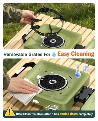 2 Propane Burners Camping Stove, 30,000 BTU Folding Camp Stove with Windproof Grates and Frying Pan, Portable Camping Stoves with Carrying Bag, Camping Essentials for Tailgating/Grilling/Coffee, Green - Thumbnail 6