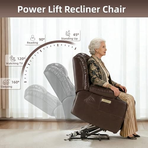 Kasunpul Oversized Power Lift Recliner with Massage and Heat for Elderly, Heavy Duty Reclining Chair, Faux Breathable Leather, Includes USB/Type-C Ports, 2 Cup Holders& Remote Control, Brown - Thumbnail 4