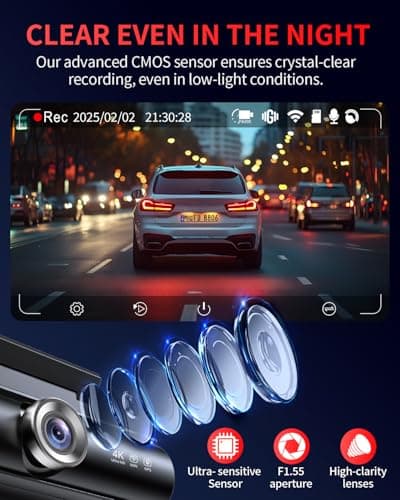 Faninso Dash Cam Front and Rear, 4K Full HD Dual Dash Camera for Cars, Built-in Memory Card Monitoring, 64GB Card, 5G WiFi GPS, Car Camera with 3" IPS Screen, 2160P Night Vision, 24H Parking Monitor - Thumbnail 4