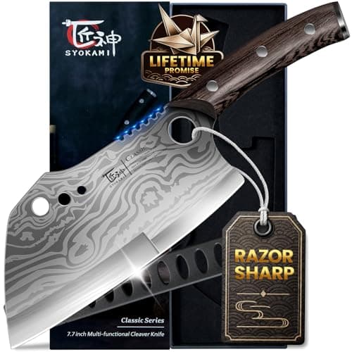SYOKAMI Meat Cleaver Chef Knife with Sheath, 7.7 Inch Butcher Knife with Herb Stripper, Chopping Knife Heavy Duty Bone Cutting, Damascus Pattern Full Tang Wood Handle, Birthday Gift for Men - Image 1