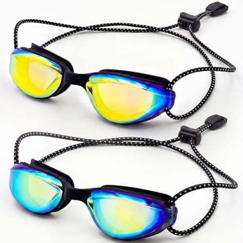 Aegend Swim Goggles for Kids Youth Teen 3-14 Anti-Fog Anti-UV Comfort Fit for Swimming(Bungee Strap) (Black/Gold & Black Orange-2 Pack) - Image 1