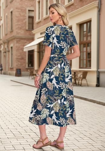 MOLERANI Women Summer Maxi Dress Casual Drawstring Long Dresses V Neck Dresses for Women 2026 Elegant Classy with Pockets, Tropical Leaf, S - Thumbnail 3