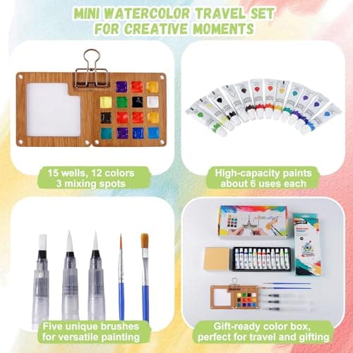 Watercolor Paint Set 12 Colors, 15-Compartment Mini Travel Watercolor Kit with 5 Brushes & Sketchbook, Portable Wooden Box with Color Storage Case for Plein Air & Urban Sketching - Thumbnail 5