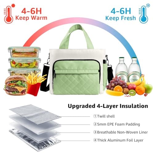 Women's Insulated Lunch Box Bag - Stylish Tote Design, Leakproof Waterproof Lunch Cooler, Large Lunch Tote Bags for Work Commute & Dates (White-Green) - Thumbnail 4