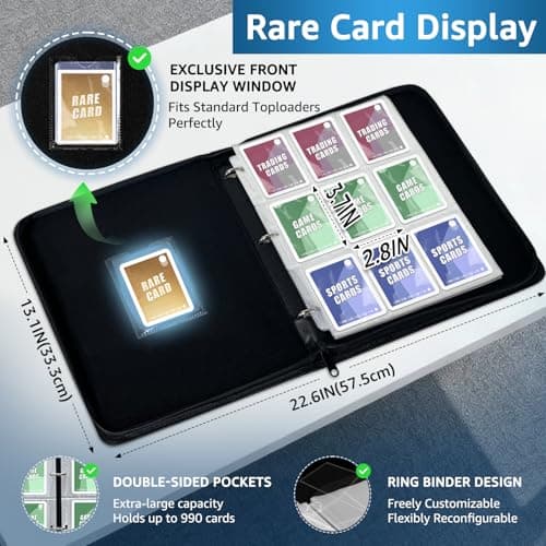 990 Pockets Card Binder for Pkm Cards - 9 Pocket Trading Card Album with 55 Pages & Display Chain - Portable Zipper Carrying Case for Baseball, Football, TCG Collector (Red) - Thumbnail 3