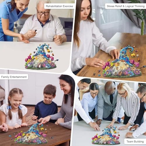 Wooden Puzzle for Adults, Dreamy Gnome Wooden Jigsaw Puzzle 300 Piece, Unique Shape Wooden Puzzles Adults, Challenging Spring Garden Flower Gnome Puzzles for Family Game Night Wall Art Decor 15*14.5in - Thumbnail 3