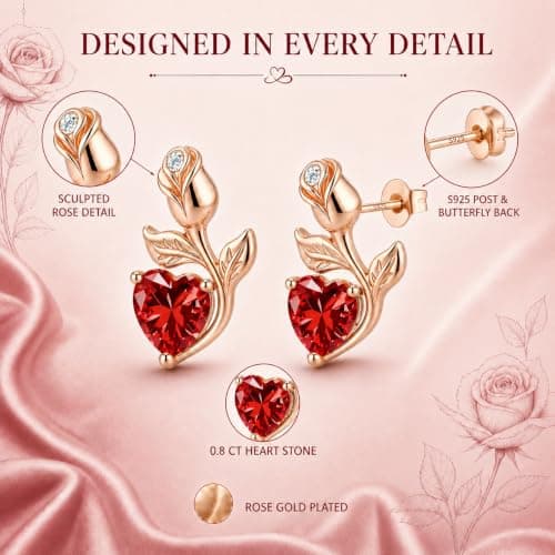 JACUPO 0.8CT Rose Heart Earrings Option of Sapphire Moissanite Stud Earrings Lab-Grown Earrings Birthstone Earrings for Women S925 Sterling Silver Post D Color VVS1 Clarity Ideal Gift for Wife Mother for Birthday Anniversary Valentine's Day Conveying I Love You Message (Jan/Jul Ruby Rose Gold) - Thumbnail 2
