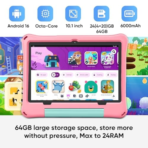 10 inch Kids Tablet, Android 16 Tablet for Kid, Octa-Core Processor, 24GB RAM, 64GB ROM 1TF Card Expandable for Toddler Children,Tablets with Case, Parental Control, 6000mAh,WiFi, BT5.0 (Pink) - Thumbnail 2