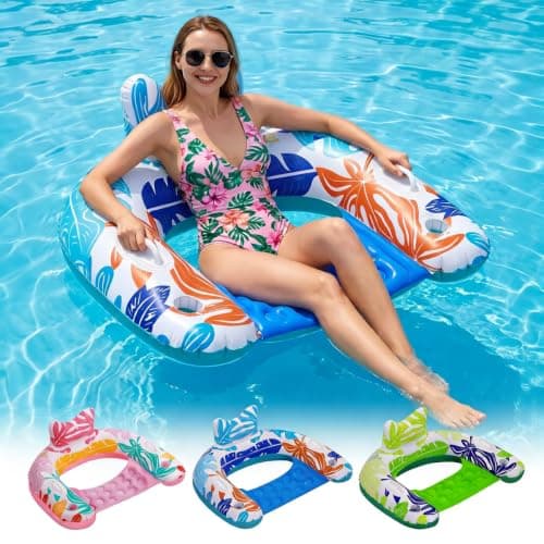 BSIEZC Pool Floats, 3Pack Inflatable Pool Floats Adult & Kids, U-Shaped Pool Float Lounger with Comfortable Headrest,Cup Holders Sturdy Handles, Portable Pool Floats Chair Floaties for Pool Lake Beach - Image 1