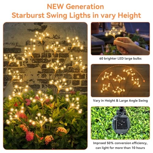Solar Garden Lights 2 Pack Waterproof Solar Swaying Starburst Light Outdoor Lights for Yard Patio Walkway Pathway Party Wedding Christmas Decoration, Warm White - Thumbnail 3