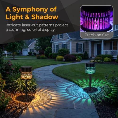 Solar Sunflower Projector Lights Outdoor, New Version Solar Mandala Light, 7 Color Changing Waterproof Wall Light Metal Fence Lights for Yard, Garden, Patio, Backyard Decoration, Multicolor, 2 Pack - Thumbnail 4