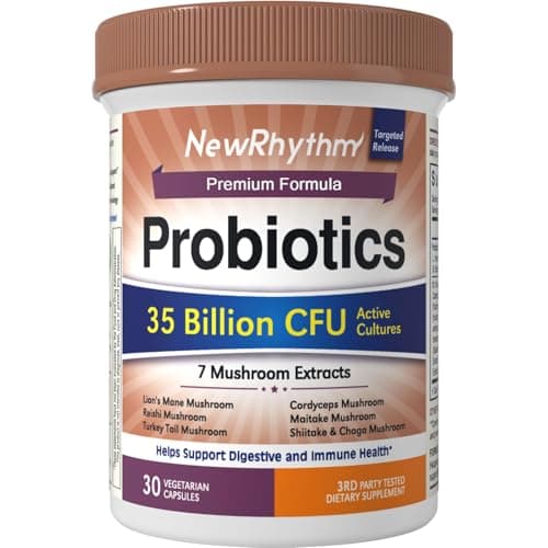 NewRhythm Probiotics 35 Billion CFU, Mushroom Probiotics Supplement for Women & Men, 7 Mushroom Blend 10:1 Extract, Turkey Tail, Reishi, Lion's Mane, Natural Prebiotics, Digestive & Immune, 30 Caps - Image 1