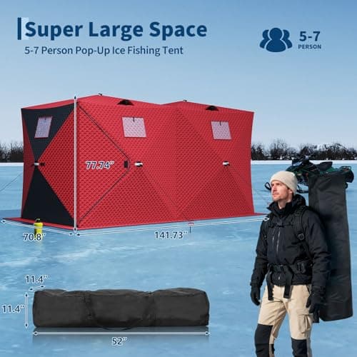 Garvee Pop Up Ice Fishing Shelter and Insulated Ice Fishing Tent with 49ft LED Light Strip, Windproof Portable Hub Design, Fits 5-7 People, 69 sq ft Fishable Area, Red+Black - Thumbnail 2