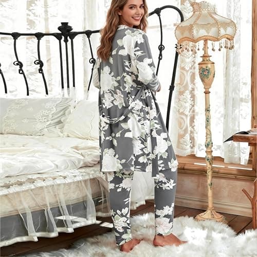 Eternatastic Women's 3 Piece Knit Lounge Set Pajama Long Sleeve Cardigan Sleeveless Top Pants Sweatsuit Pjs Sets - Thumbnail 4