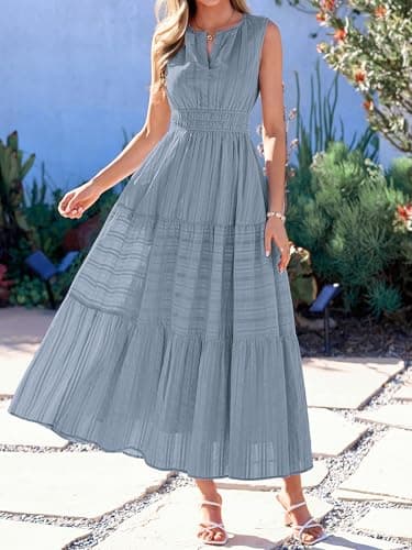 BTFBM Summer Dresses for Women 2026 Sleeveless Boho V Neck A Line Flowy Spring Casual Maxi Dress Beach Vacation Pockets(Blue Grey, XX-Large) - Thumbnail 2