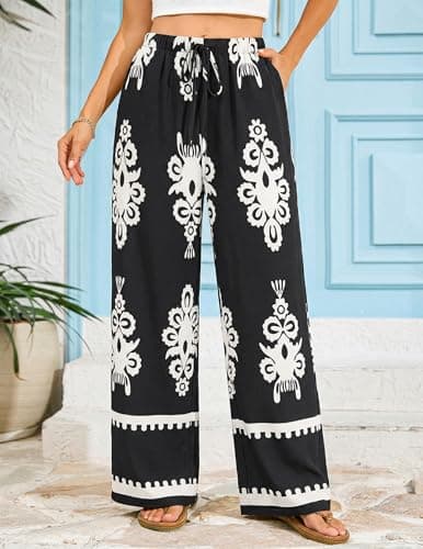 LOOKBOHO Women's Wide Leg Palazzo Lounge Pants Casual Comfy High Waist Palazzo Pants with Pockets Black White XL - Thumbnail 5
