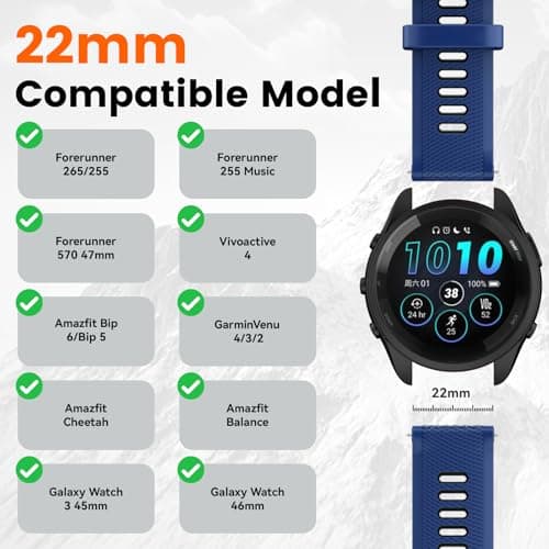 Velocarer Watch Band for Garmin Forerunner 265/Forerunner 255/Vivoactive 4/Venu 3/Venu 2, 22mm Quick Release Silicone Sport Bands, Sapphire & Black - Thumbnail 2