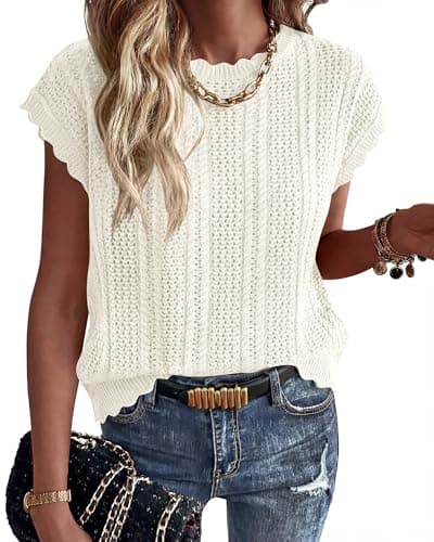 KIRUNDO Crochet Tops for Women Cap Short Sleeve Sweater Vest 2026 Summer Fall Cable Knit Pullover Beach Vacation Outfits(Beige, Large) - Image 1