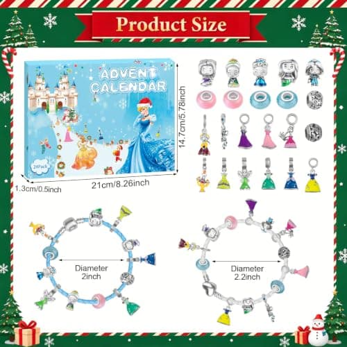 Princess Advent Calendar 2026 Teen Girls, 24 Days of Christmas Countdown Calendar with 2 DIY Bracelets and 22 Charms, 6-18 Year Old Girl Christmas Gift Ideas - Thumbnail 6