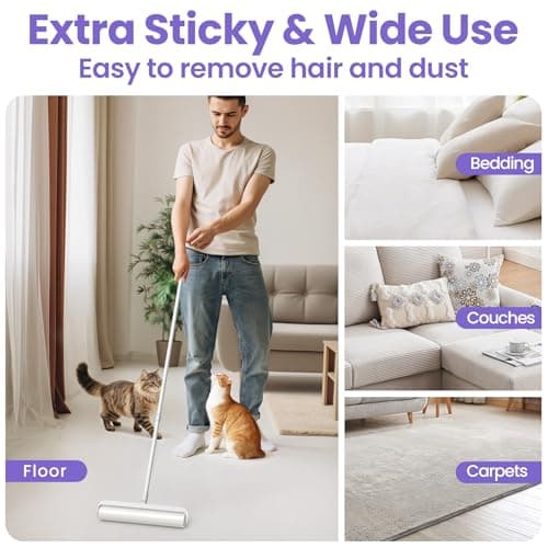 14.17" Extra Large Lint Rollers for Pet Hair, DELOMO Sticky Rollers for Floor with 3 Extendable Handle & 4 Refills (200 Sheets), Long Handle Sticky Mop for Cleaning Carpets, Couches, Furniture, Cars - Thumbnail 4
