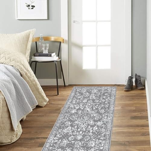 Pauwer Boho Vintage Runner Rug, 2x4 Non Slip Small Throw Rugs Doormat, Washable Soft Indoor Mat Runner Rug Small Area Rug Low-Pile Floor Carpet for Hallway Entryway Bedroom Living Room,(2'x4', Grey) - Thumbnail 5
