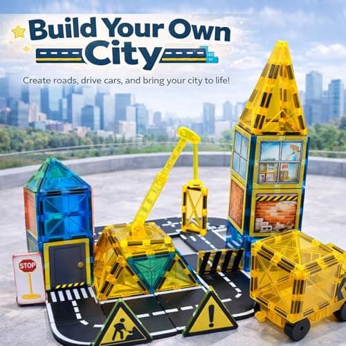 LATI Construction Magnetic Tiles City Set for Kids, Double-Sided Day & Night Building Blocks with Crane, Roads, Traffic Signs & Construction Vehicles, STEM Learning Toy for Boys & Girls Ages 3+ - Thumbnail 3