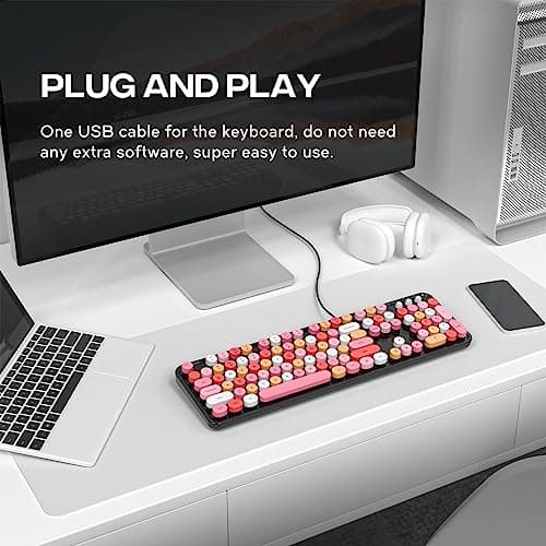 Atelus USB Wired Computer Keyboard - Retro Typewriter Keyboard - Full Size Office Keyboard with Number Pad, Caps Indicators, Foldable Stands, for PC Laptop Desktop Windows (Black Colorful) - Thumbnail 3