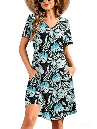 DEARCASE Women's Summer Dresses Floral Short Sleeve Black Rainforest Large Wedding Guest V-Neck Knee Length Hawaiian Beach Sundresses Boho Flowy Swing Vacation Party Comfy Mini T-Shirt Dress - Image 1