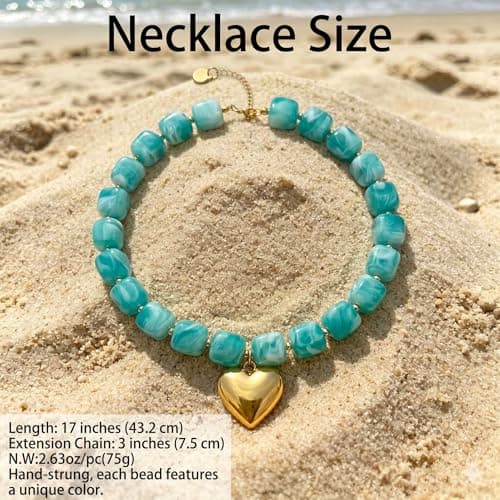ZOLZO Chunky Heart Necklace, Colorful Resin Necklace, Heart Statement Necklace Trendy, Summer Vacation for Women, Birthday, Mothers Day (Lake Blue) - Thumbnail 5