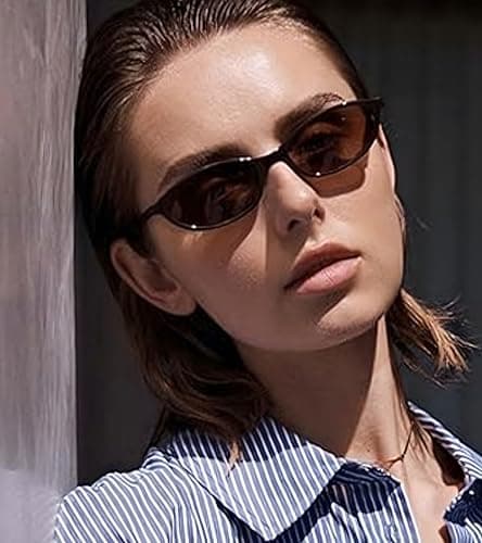 YMRFW Retro Oval Cat Eye Sunglasses for Women Y2k Designer Trendy Narrow Shades UV protection Sun Glasses - Thumbnail 3
