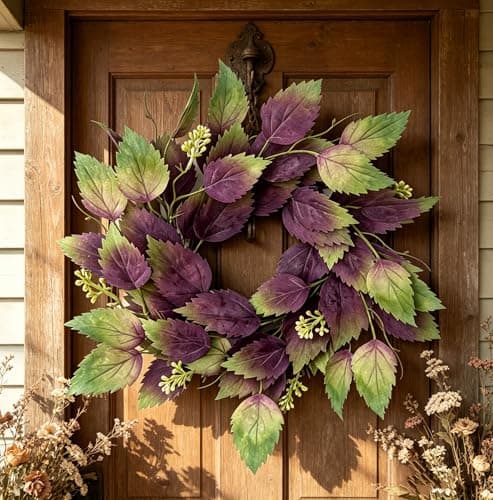 2 Pcs 16" Purple Hibiscus & Eucalyptus Leaf Wreath - Artificial Greenery Candle Ring Wreath for Front Door, Porch, Window, Farmhouse & Home Holiday Decor - All Season Wreath - Thumbnail 3