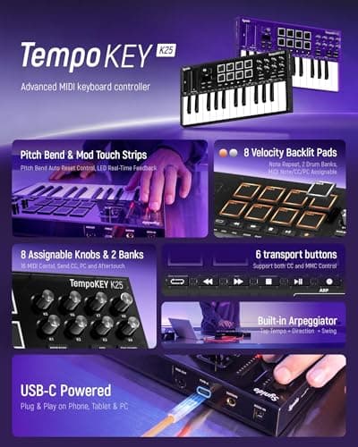 Synido 25 Key USB MIDI Keyboard Controller with 8 Drum Pads, Professional Mini Midi Keyboard with OLED Screen, Beat Maker Machine for Music Production, Black, TempoKey K25 - Thumbnail 2