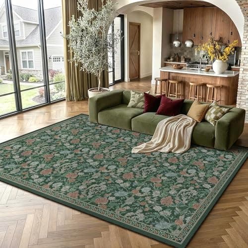 HUGEAR Retro Area Rugs 6x9 Washable Living Room Bedroom Rugs Vintage Floral Throw Carpet Green Stain Resistant Non Slip Low Pile for Home Aesthetic Modern Decor - Thumbnail 2