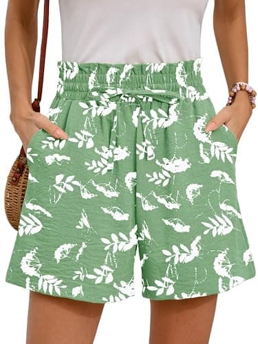 Moodclo Women's Wide Leg Shorts White Flower Green X-Large Summer Comfy Casual with Pockets High Waisted Drawstring 2026 Flowy Beach Vacation Trendy Clothes - Image 1