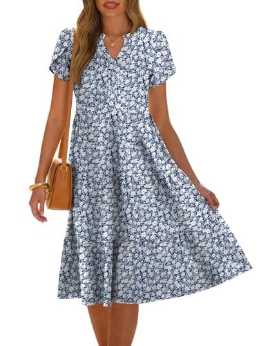 ANRABESS Womens Summer Causal Dresses V Neck Short Sleeve Midi Dress 2026 Flowy Tiered Boho Beach Sundress Vacation Outfits Floral Blue L